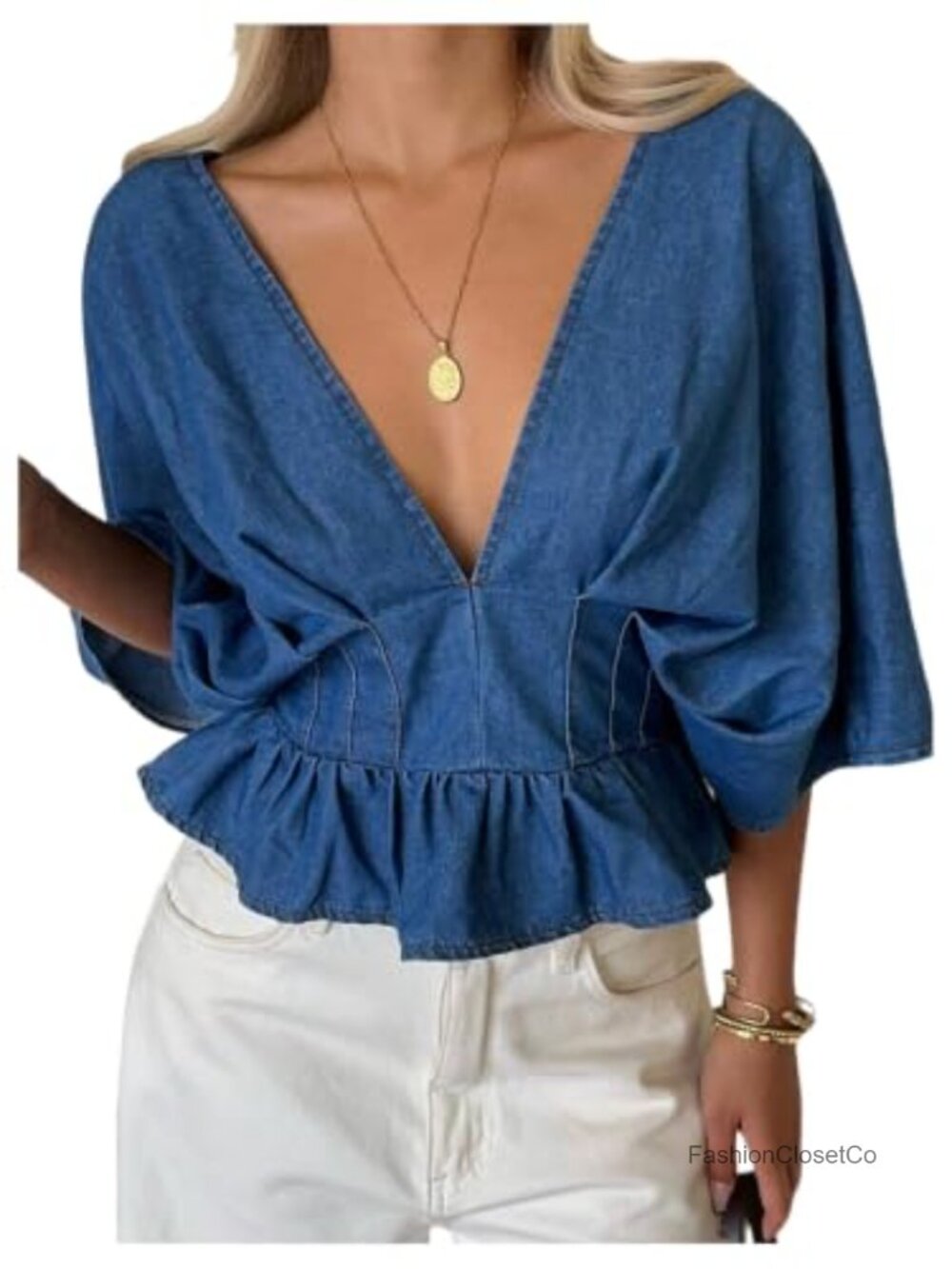 Denim Peplum Blouse Dolman Sleeve V-Neck Ruffle Top Casual